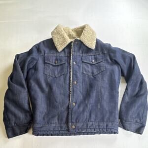 Men’s Sherpa Lined Denim Jacket Blue Button Front Trucker Size 38 Vintage Style